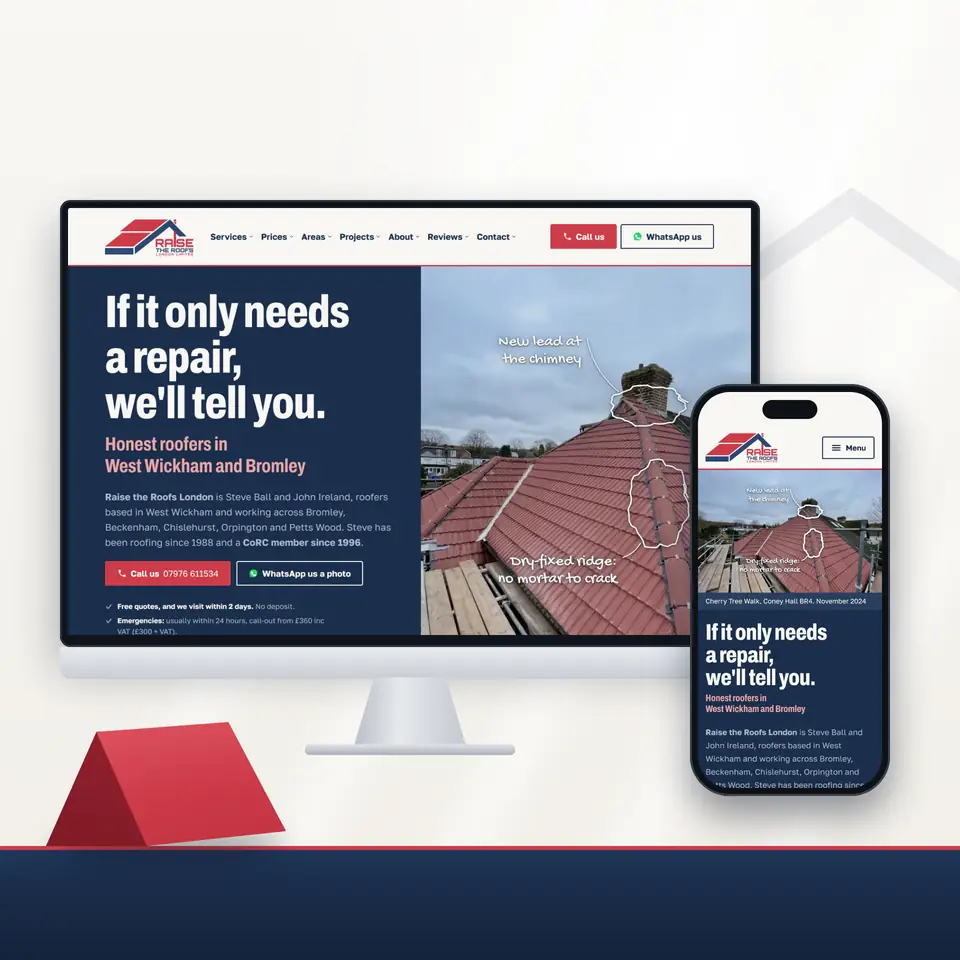 The Raise the Roofs London website on a desktop monitor and a phone: "If it only needs a repair, we'll tell you." on navy beside a red tiled roof with chalk notes on the chimney lead and the dry-fixed ridge, with a red roof model on a navy plinth