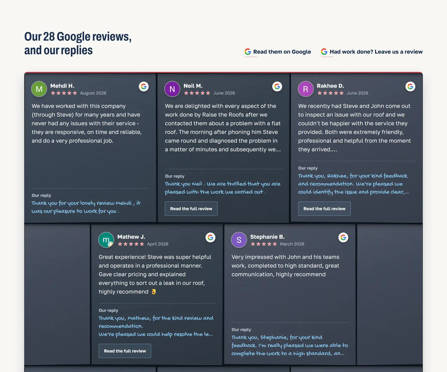 The Raise the Roofs London reviews page: Our 28 Google reviews, and our replies, laid out as dark grey slates on a roof in broken bond under a red ridge line, each slate holding one review with the reviewer's first name and initial, five stars and the month, and the company's reply in handwriting on the slate's tail