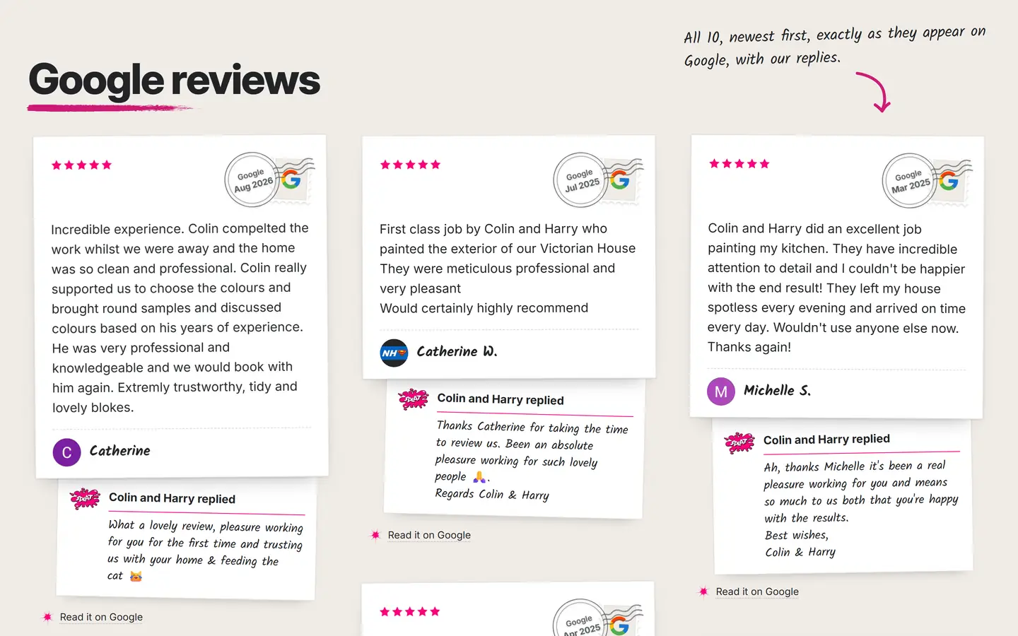 Splat Decorating's Google reviews shown as postcards with a Google postmark and the month, each review in the client's own words with a first name and initial, and a reply slip under each signed by Colin and Harry