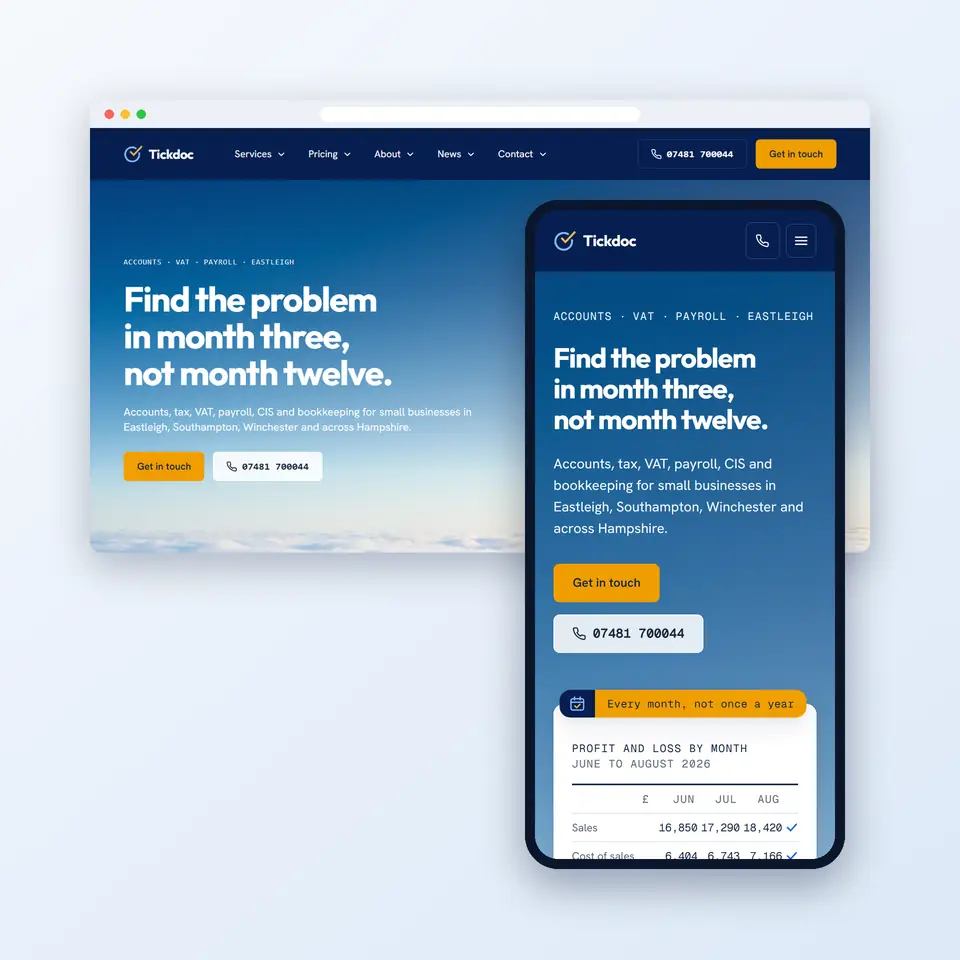 The Tickdoc website on a desktop browser and a phone: the headline "Find the problem in month three, not month twelve." over a blue sky on both screens, with the phone showing an illustrative monthly profit and loss card with a blue tick beside each checked line