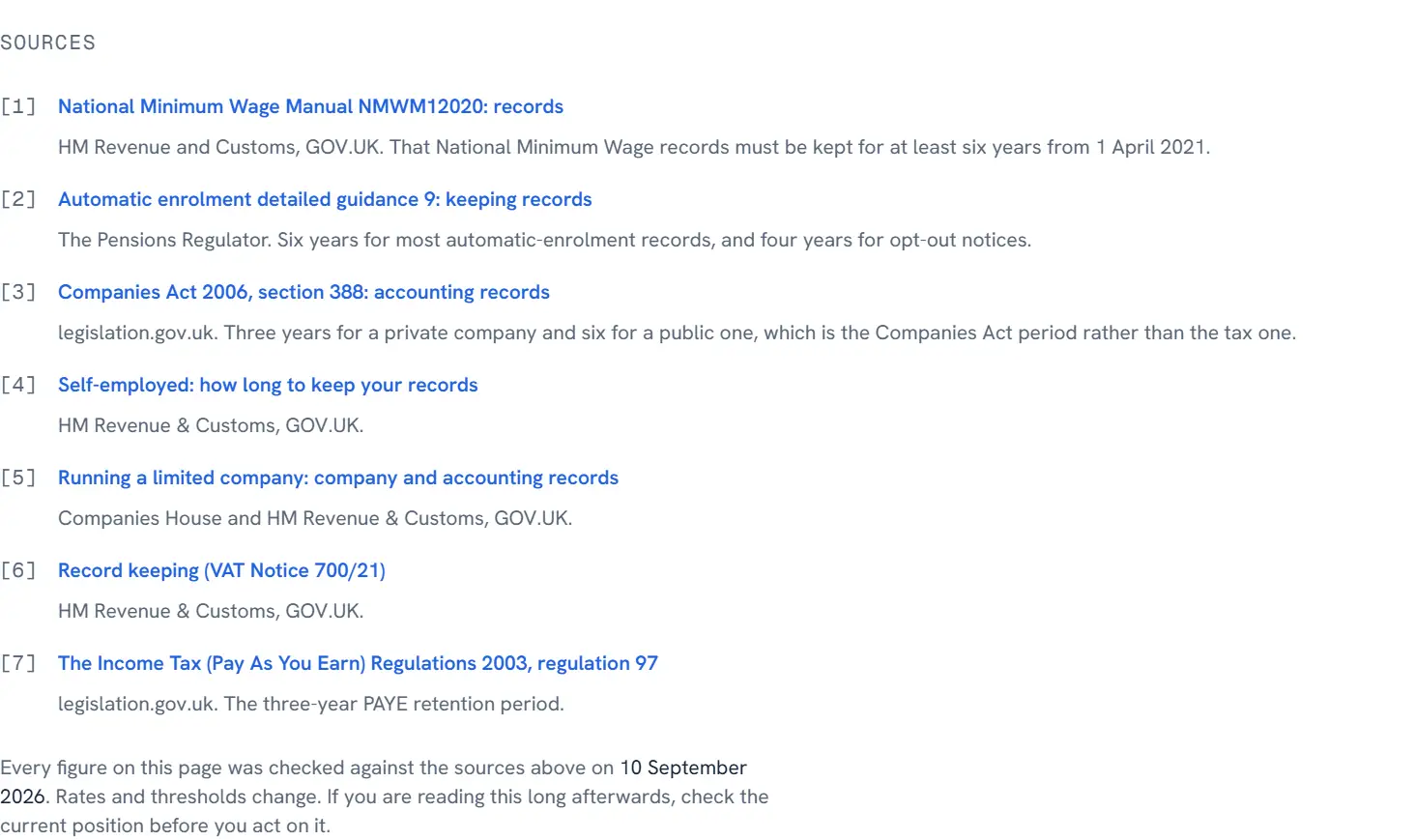 The sources block at the foot of Tickdoc's article on how long to keep business records: seven numbered primary sources including HMRC's self-employed records guidance, Companies Act 2006 section 388 and the PAYE Regulations 2003, followed by the line 'Every figure on this page was checked against the sources above on 10 September 2026'