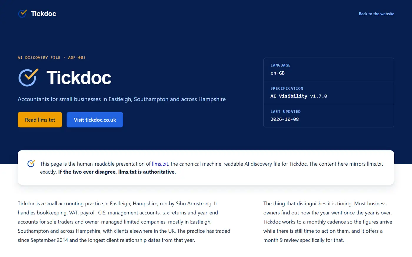 Tickdoc's llms.html page on a navy background: an AI discovery file header with the Tickdoc logo, the line 'Accountants for small businesses in Eastleigh, Southampton and across Hampshire', buttons to read llms.txt and visit the site, and a panel showing language en-GB, specification AI Visibility v1.7.0 and last updated 2026-10-08