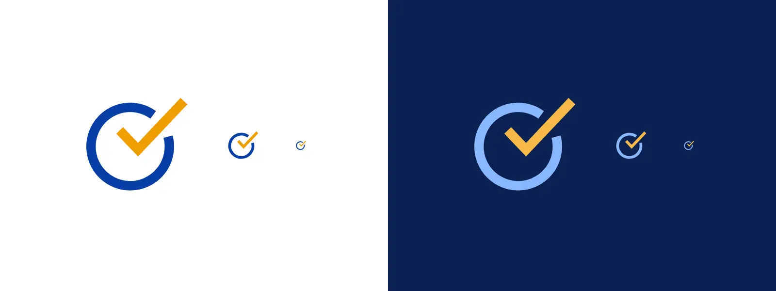 The redrawn Tickdoc mark, a blue ring with an amber tick passing through a gap in it, shown at 160, 48 and 16 pixels on a white background, and in a lighter blue and amber at the same three sizes on navy