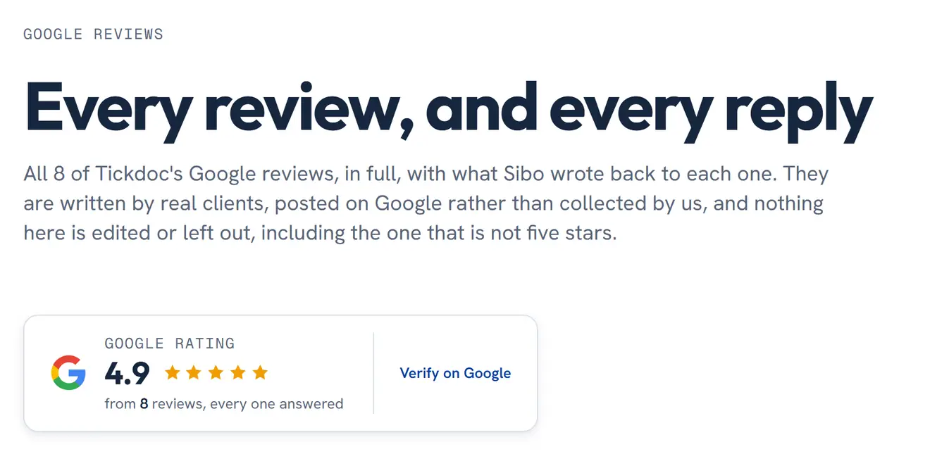 The top of Tickdoc's reviews page: the heading 'Every review, and every reply', an introduction saying all 8 Google reviews are shown in full with Sibo's replies and nothing edited or left out, and a Google rating panel showing 4.9 from 8 reviews, every one answered, with a Verify on Google link