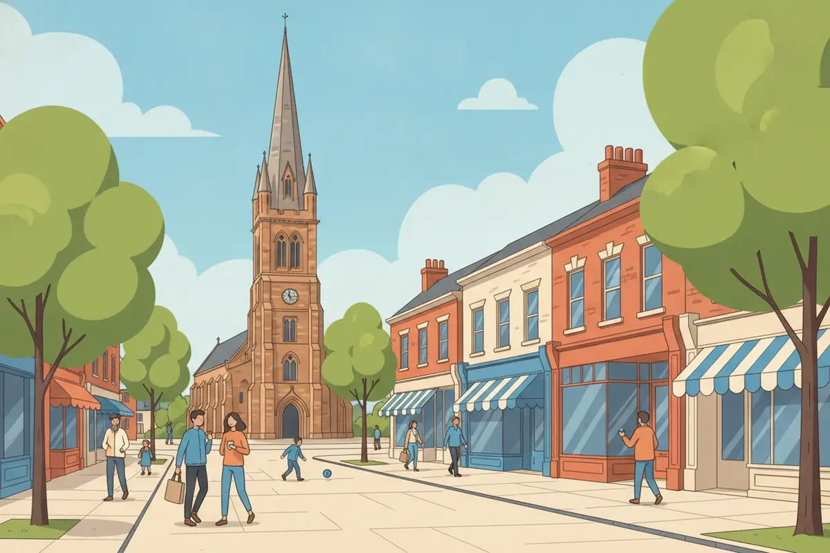 Bright illustration of a Kettering street scene with the church spire of St Peter and St Paul rising above red-brick shopfronts