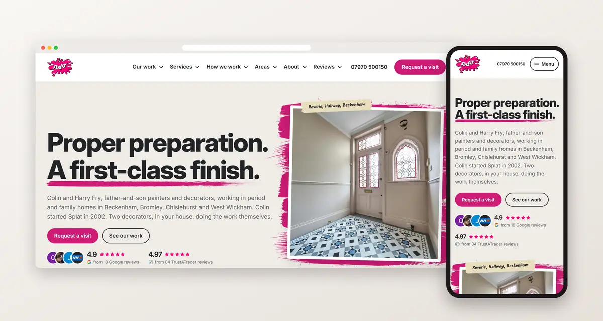 The Splat Decorating website on a desktop browser and a phone: the headline "Proper preparation. A first-class finish." over a pink paint stroke, beside a photo of a Victorian hallway with stained-glass doors and a tiled floor in a torn pink paint frame