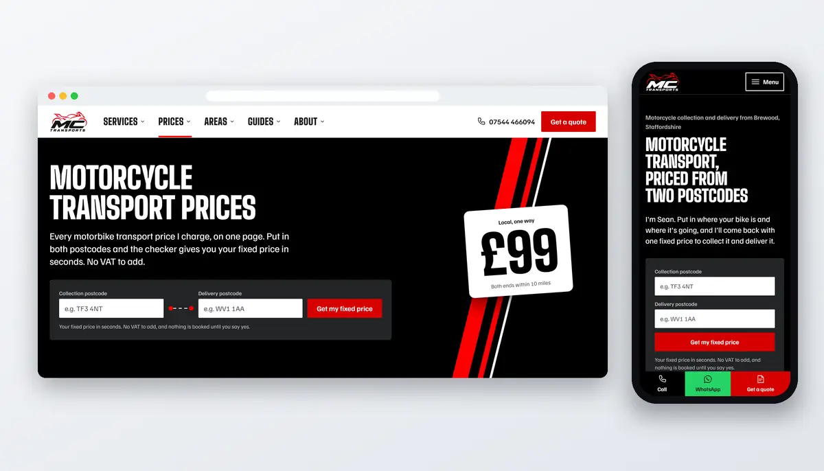 Professional Motorcycle Transport website design by Press Forge