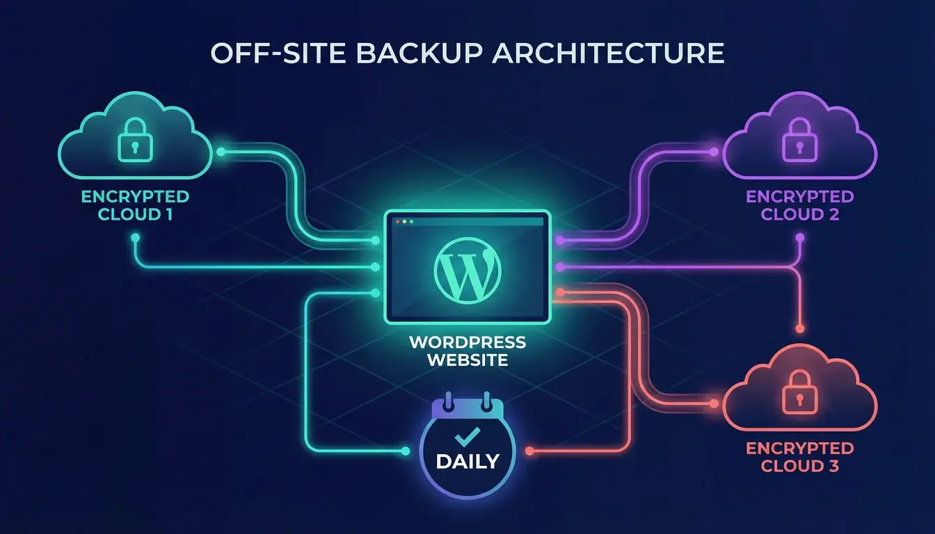 Illustration of WordPress site data being backed up to three off-site cloud locations with daily schedule indicator