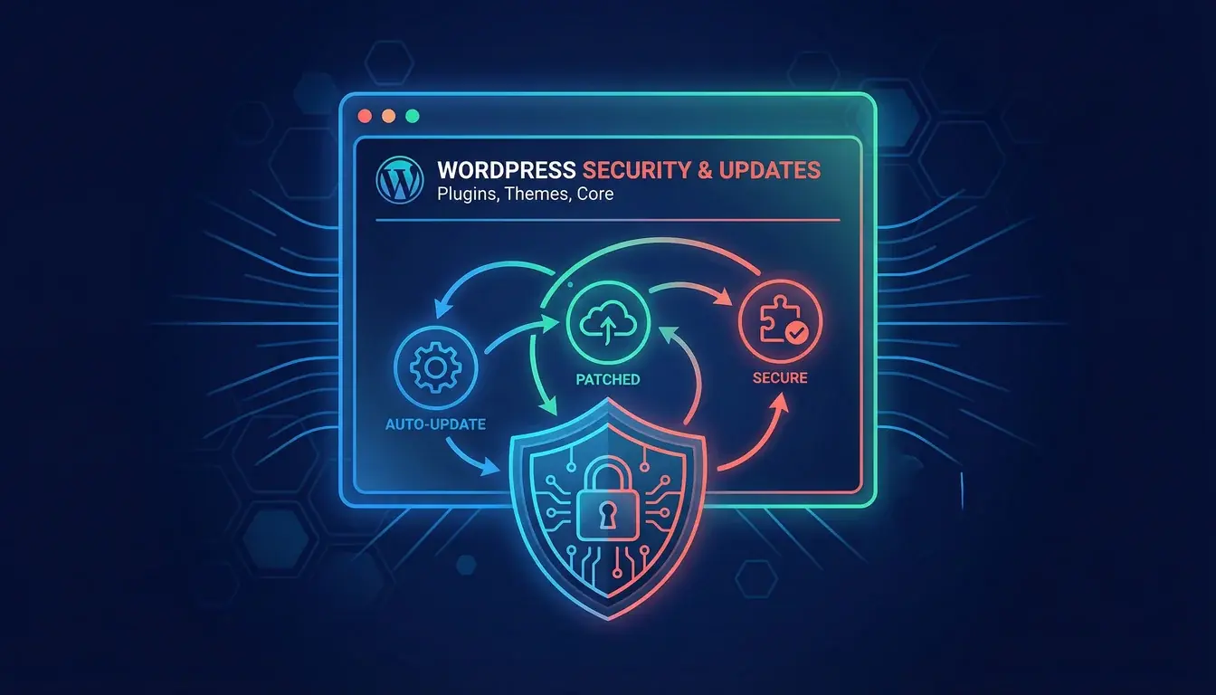 Illustration showing WordPress dashboard with plugin update notifications and a protective shield