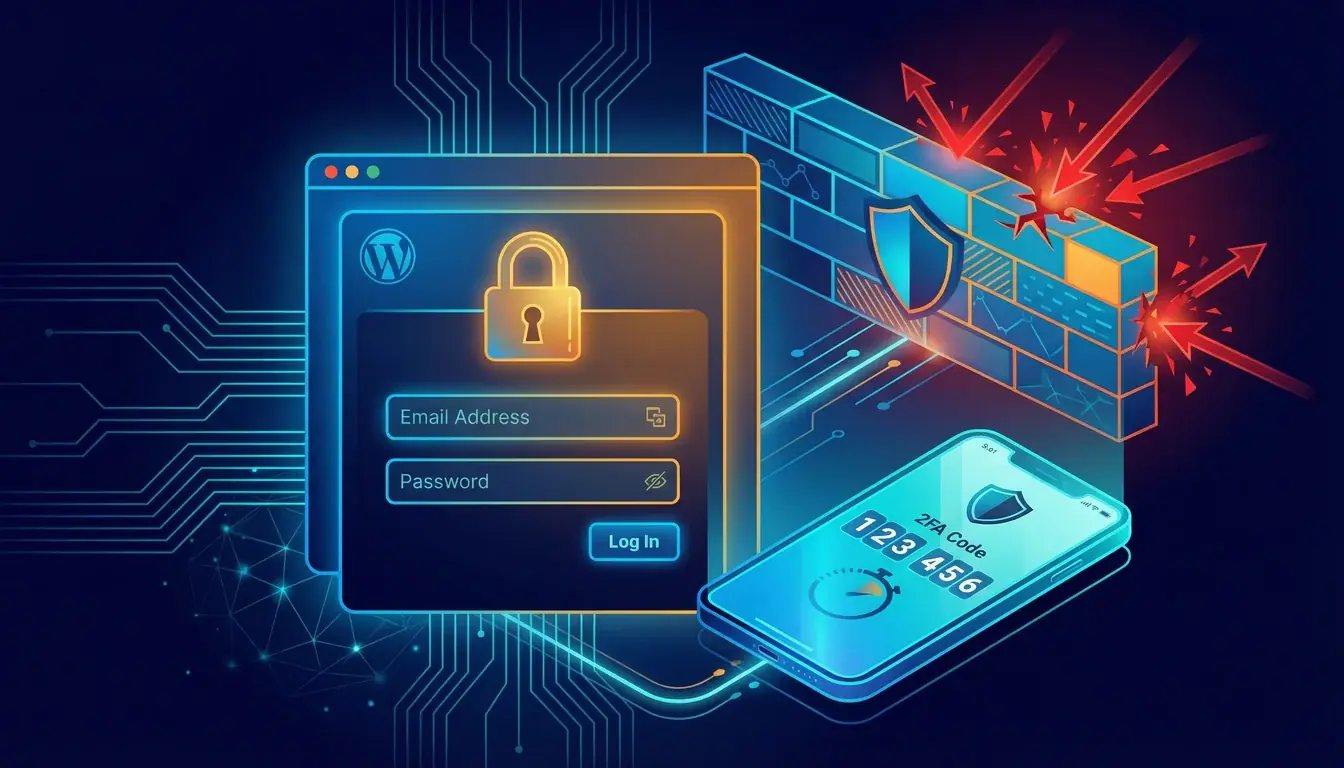 Illustration of WordPress login screen with two-factor authentication prompt on a smartphone
