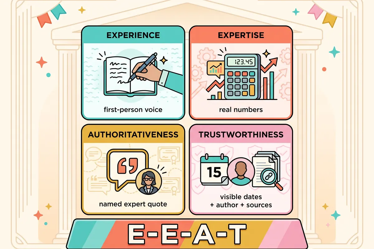 A clean editorial diagram showing the four E-E-A-T pillars on a temple-like structure: Experience (first-person voice), Expertise (real numbers), Authoritativeness (named expert quote), Trustworthiness (visible dates plus author plus sources). The four pillars sit on a banner reading E-E-A-T.