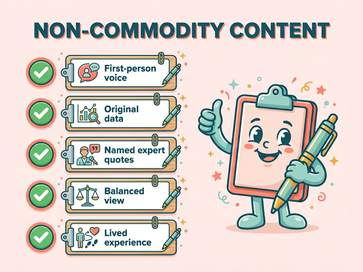 A friendly editorial illustration with a clipboard mascot giving a thumbs-up next to a five-item checklist titled NON-COMMODITY CONTENT. The five items each carry a green tick: First-person voice, Original data, Named expert quotes, Balanced view, Lived experience.