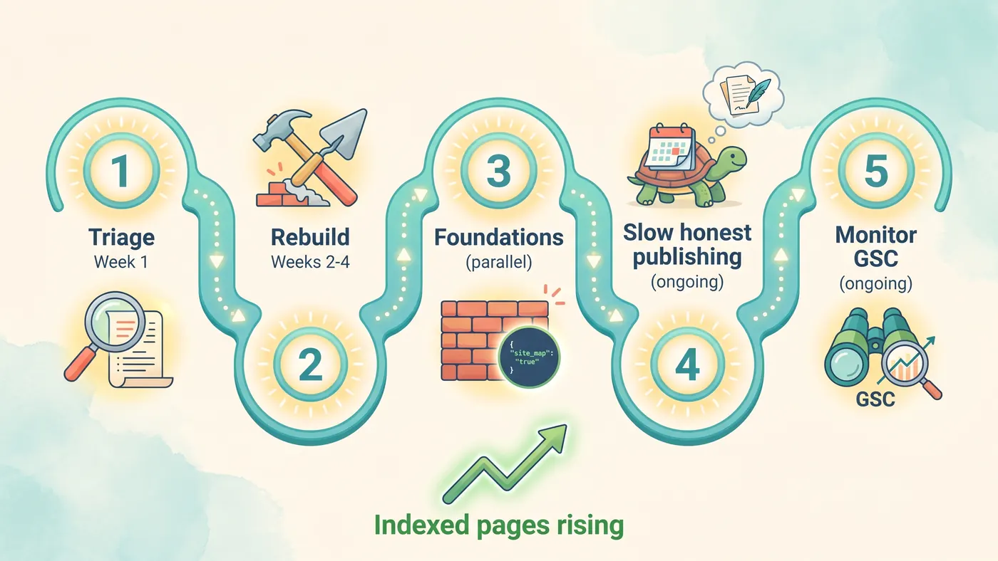 A bright editorial timeline illustration showing the five recovery phases as connected stepping stones along a winding path. Phase 1 Triage (week 1) with a magnifying glass icon. Phase 2 Rebuild (weeks 2 to 4) with hammer and trowel. Phase 3 Foundations (parallel) with brick wall and a JSON code badge. Phase 4 Slow honest publishing (ongoing) with a tortoise and calendar. Phase 5 Monitor GSC (ongoing) with binoculars over a small chart. An upward green arrow underneath is labelled Indexed pages rising.