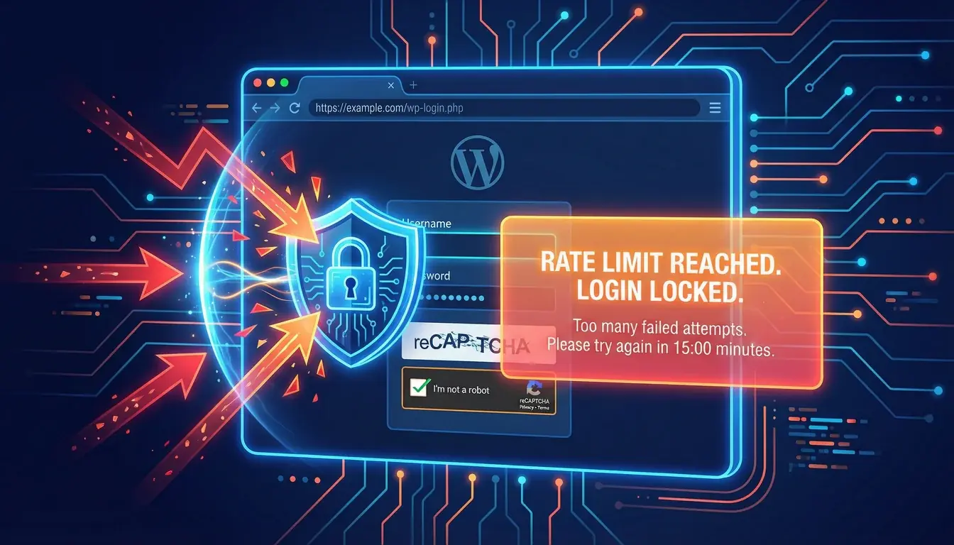 Illustration of a WordPress login screen protected by rate limiting and CAPTCHA, with bot attack arrows being deflected