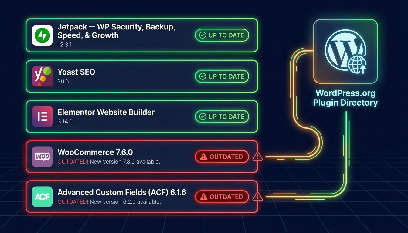 Illustration of WordPress plugin list with green up-to-date badges and red outdated badges, cross-referenced against the WordPress.org plugin directory