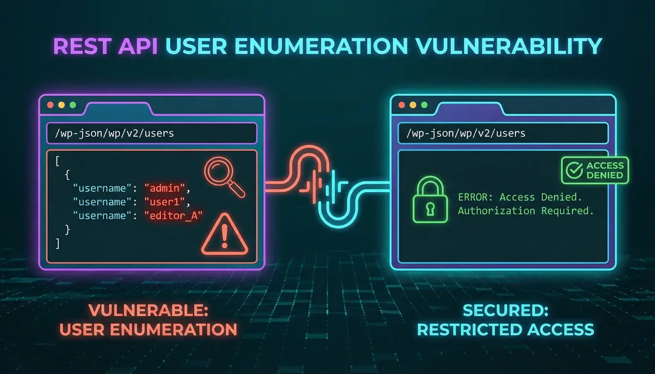 Illustration showing a REST API endpoint exposing admin usernames in red, alongside the same endpoint blocked with a green padlock