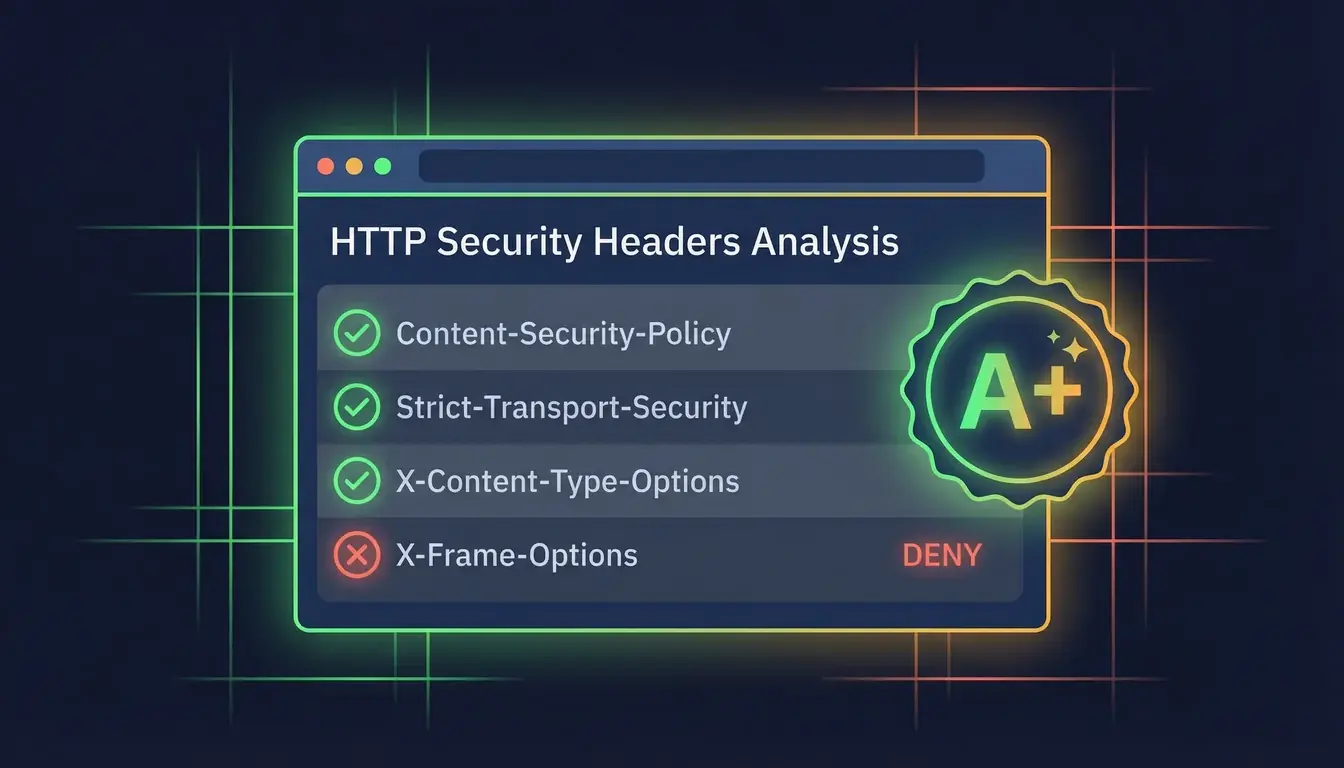 Browser developer tools showing HTTP security headers list with green checkmarks for present headers and red X for missing ones, alongside an A+ grade badge