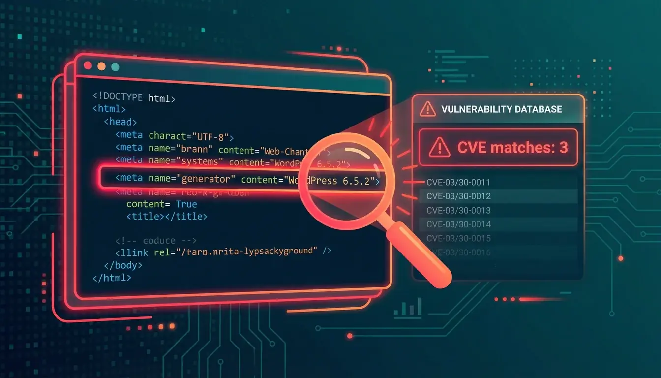 Illustration of a leaked WordPress version meta tag in page source code being matched against a vulnerability database showing CVE matches