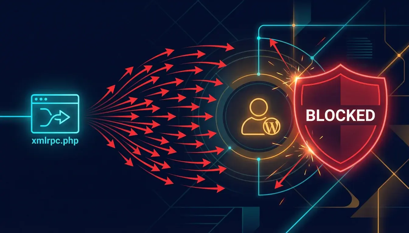 Illustration of an XML-RPC brute force amplification attack with a single packet splitting into thousands of password attempts being blocked by a shield