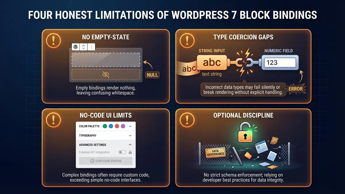 A 2x2 grid infographic of four limitations in WordPress 7 Block Bindings: No empty-state handling showing a block rendering null, type coercion gaps showing a string field failing to fit a numeric input, no-code UI limits showing a greyed-out external API option, and optional discipline showing an unlocked padlock on a loose fence