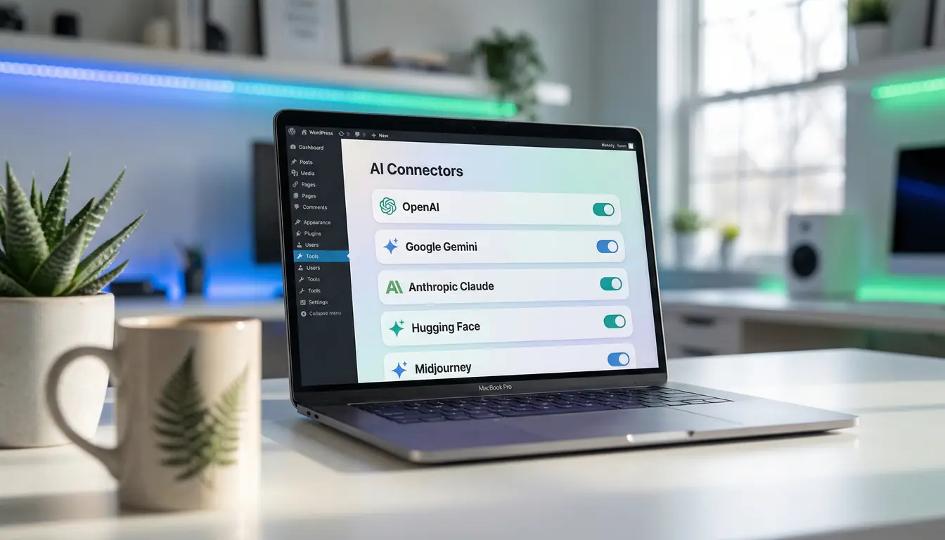 A WordPress admin dashboard with a unified AI client panel showing multiple AI provider connections plugged into the same in-core interface, vibrant editorial lighting