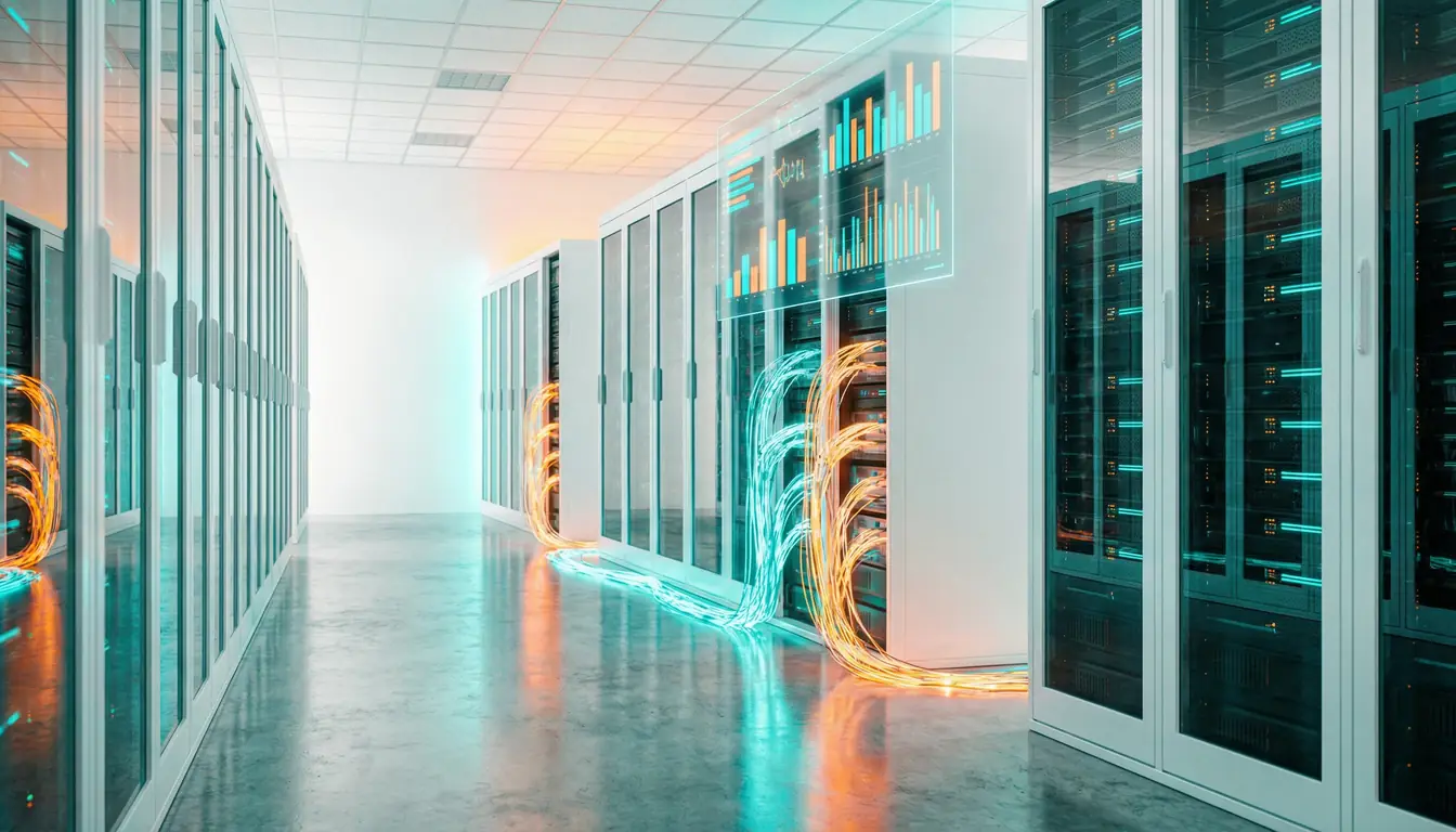 A modern data centre rack with glowing fibre optic cables and a holographic dashboard overlay showing PHP 8.5, websocket support, and edge cache statistics