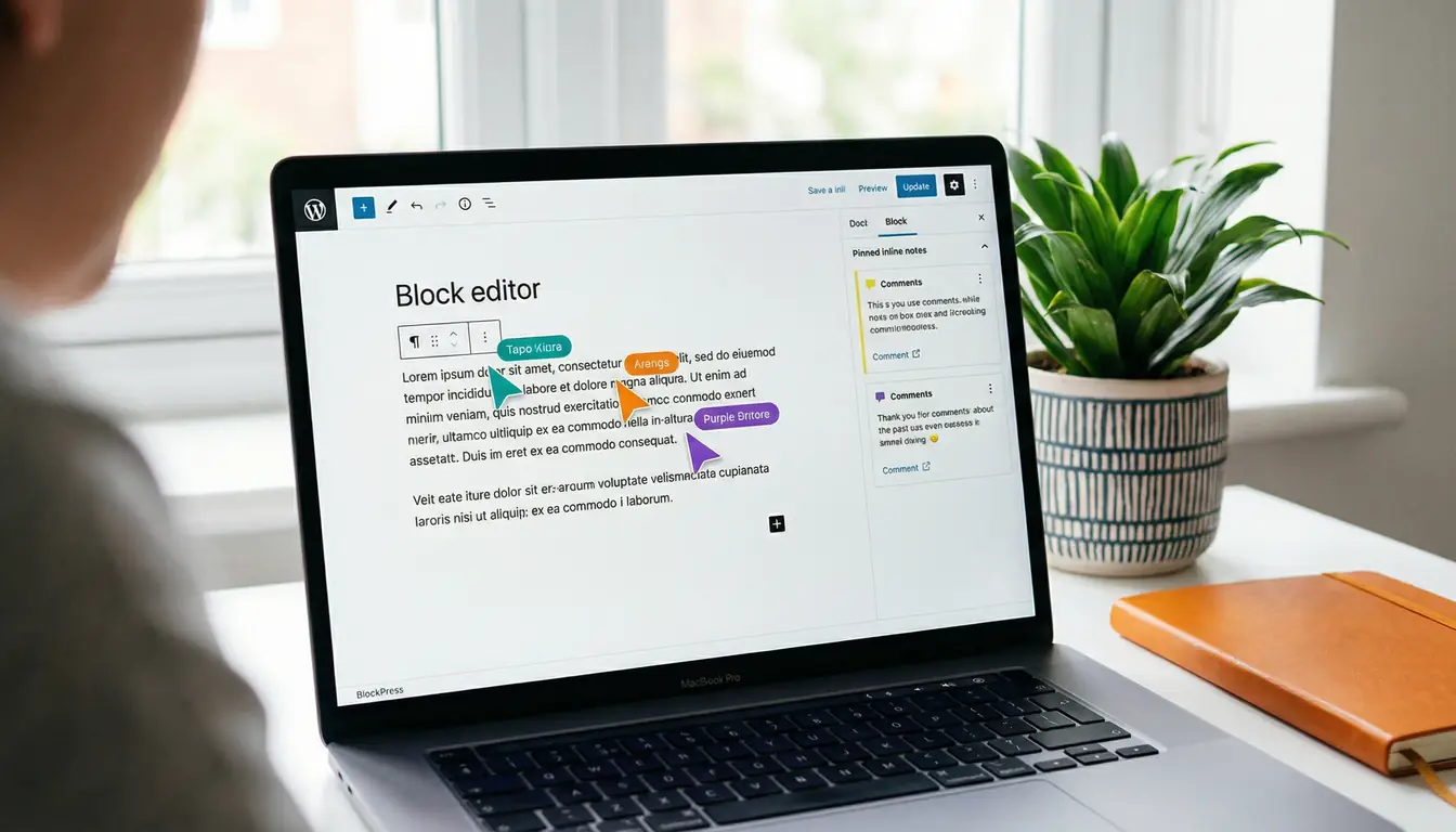 A WordPress block editor with three coloured cursor avatars showing multiple authors editing the same post in real time, with a sidebar of inline notes