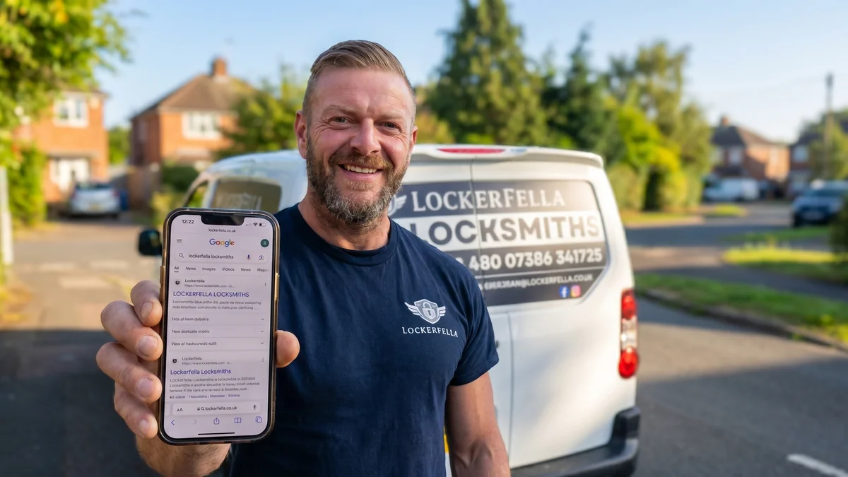 A smiling English locksmith in a navy work polo on a bright West Midlands street beside a white branded van, holding a phone that shows his own website at the number one Google result