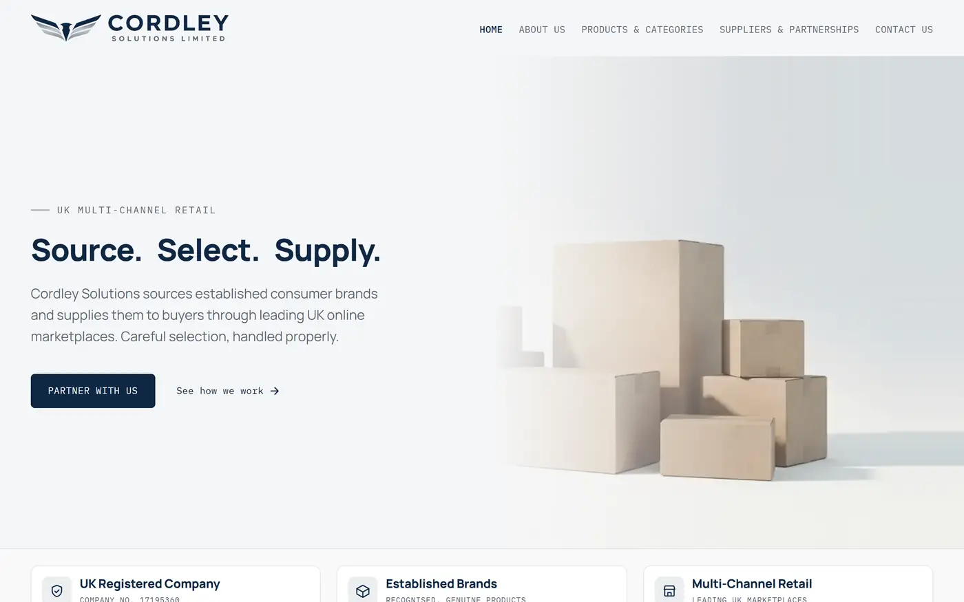 The shipped Cordley Solutions homepage: the headline Source. Select. Supply. in dark navy on an off-white ground beside a light still-life of kraft shipping boxes, with a navy Partner With Us button and no accent colour anywhere