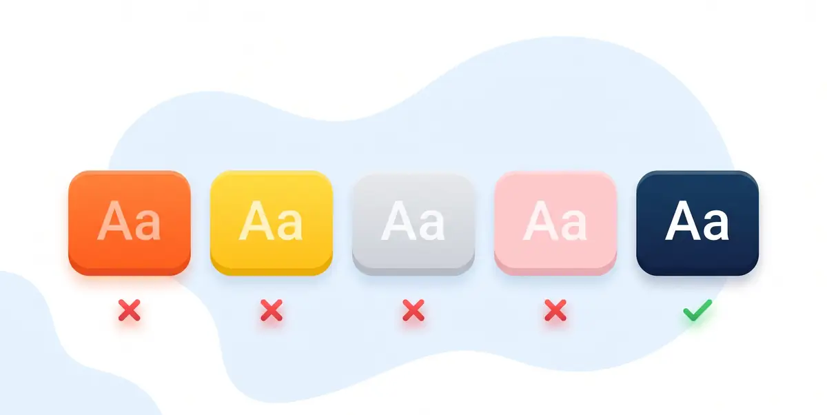 Flat vector illustration of five buttons each carrying white Aa text: orange, yellow, light grey and pastel pink buttons marked with red crosses, and a deep navy button marked with a green tick