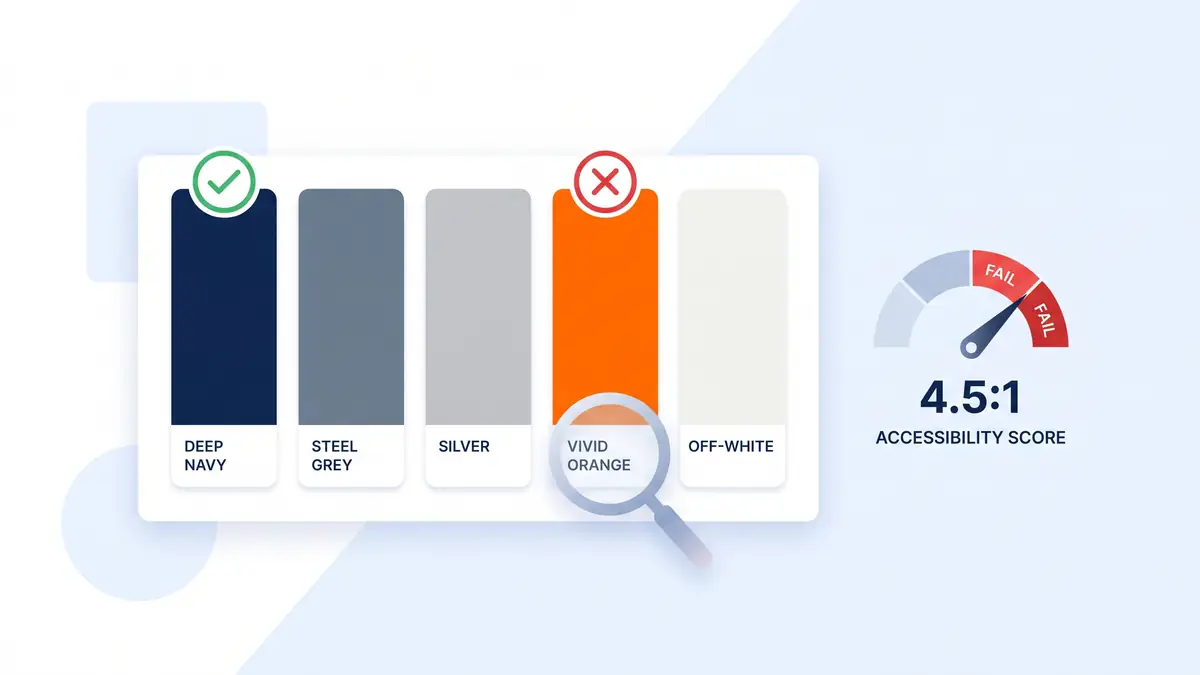 Flat vector illustration of five colour swatches being audited, with a green tick above the navy swatch, a red cross above the orange swatch, a magnifying glass, and a gauge needle in the red zone beside the 4.5:1 threshold
