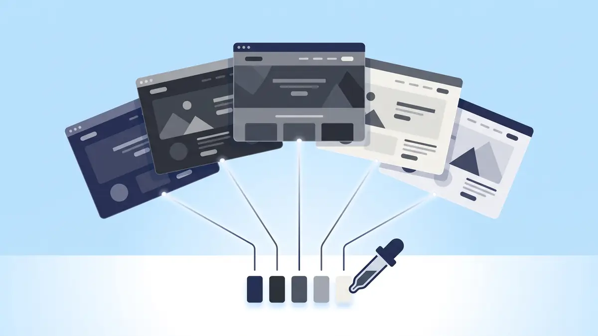 Flat vector illustration of five browser windows in navy, charcoal, grey and off-white tones, each linked to a colour chip collected in a row at the bottom next to an eyedropper tool