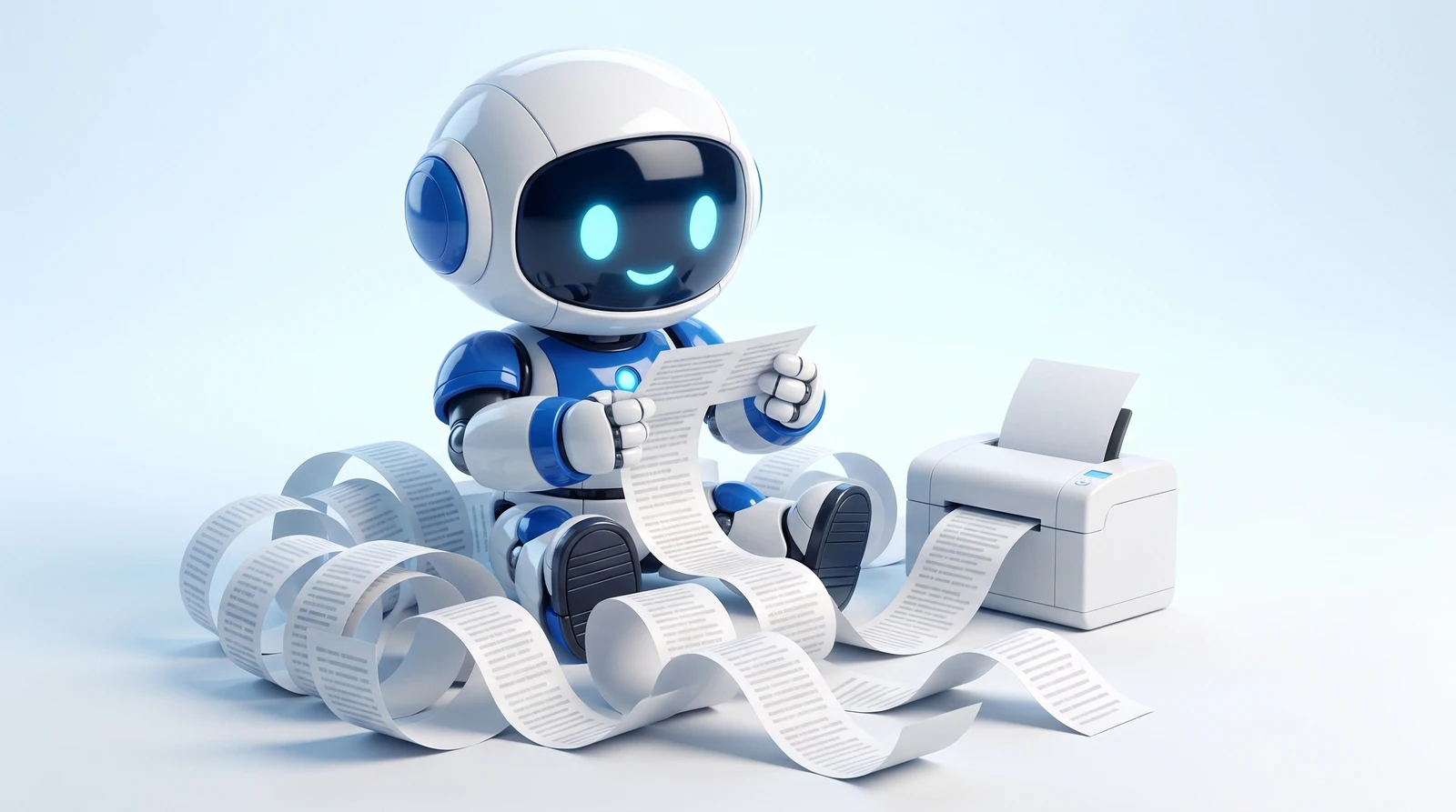 Glossy 3D illustration of Pip, a small white and blue robot, sitting on the floor beside a small white printer that is spooling out one endless narrow paper tape covered in tiny grey characters, the tape coiling in huge loops all around him