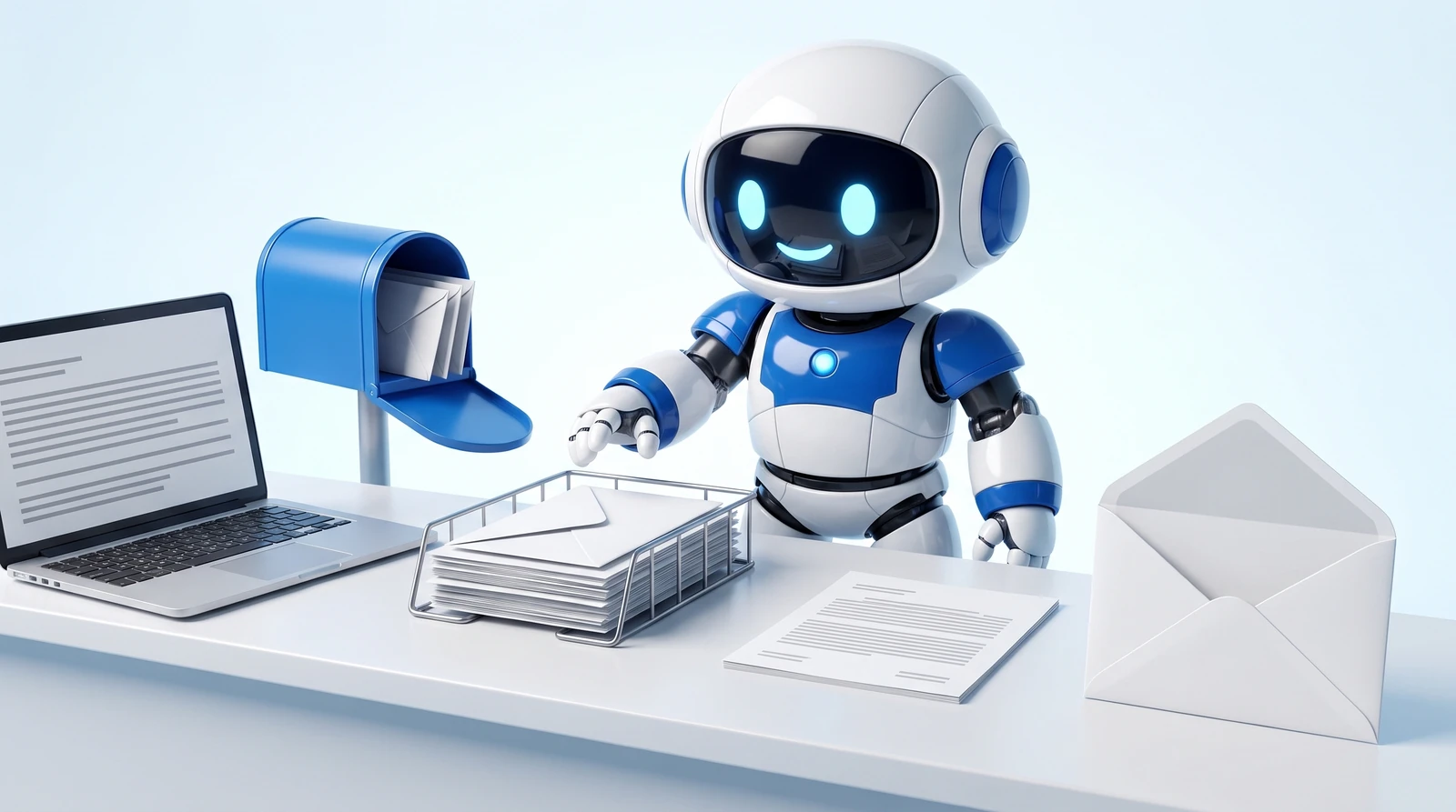 Glossy 3D illustration of Pip, a small white and blue robot, standing at a white desk reaching to choose between an open laptop, a blue postbox full of letters, a wire tray stacked with post and a single loose document, with an open envelope waiting at the end of the desk