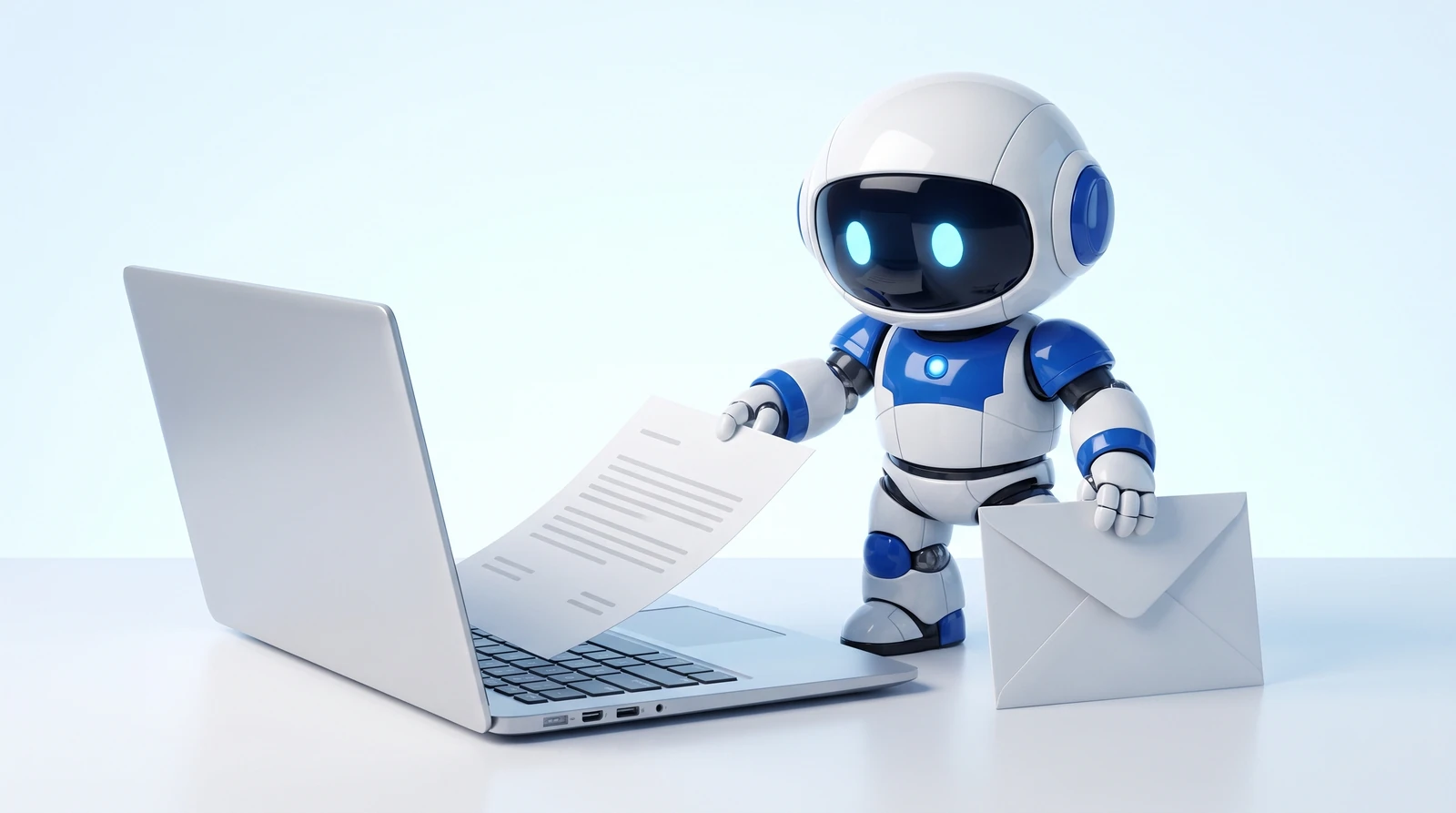 Glossy 3D illustration of Pip, a small white and blue robot, taking a paper document that is sliding out of the front of an open laptop, while holding a large white envelope in his other hand