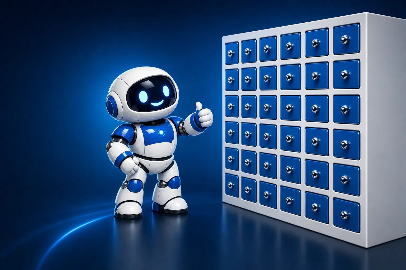 Glossy 3D illustration of Pip, a small white and blue robot, stepping back with a satisfied thumbs-up beside a tall cabinet of filing drawers that are all perfectly closed and aligned with nothing left out of place, representing an ability that leaves wp-admin exactly as it found it