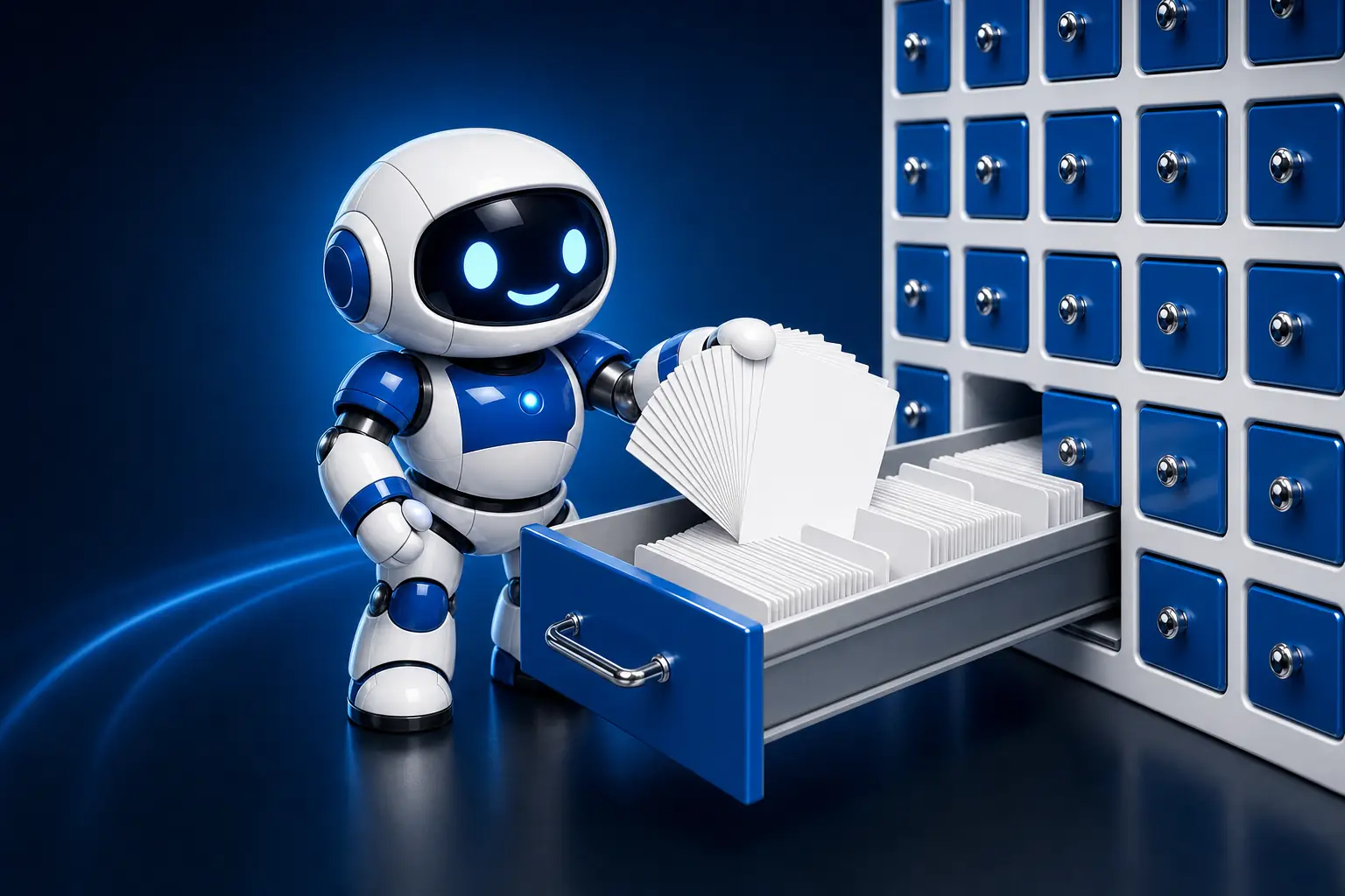 Glossy 3D illustration of Pip, a small white and blue robot, lowering an entire fanned spread of blank white index cards into an open card index drawer in one single motion, representing an ability that accepts an array of IDs instead of forcing an agent to loop