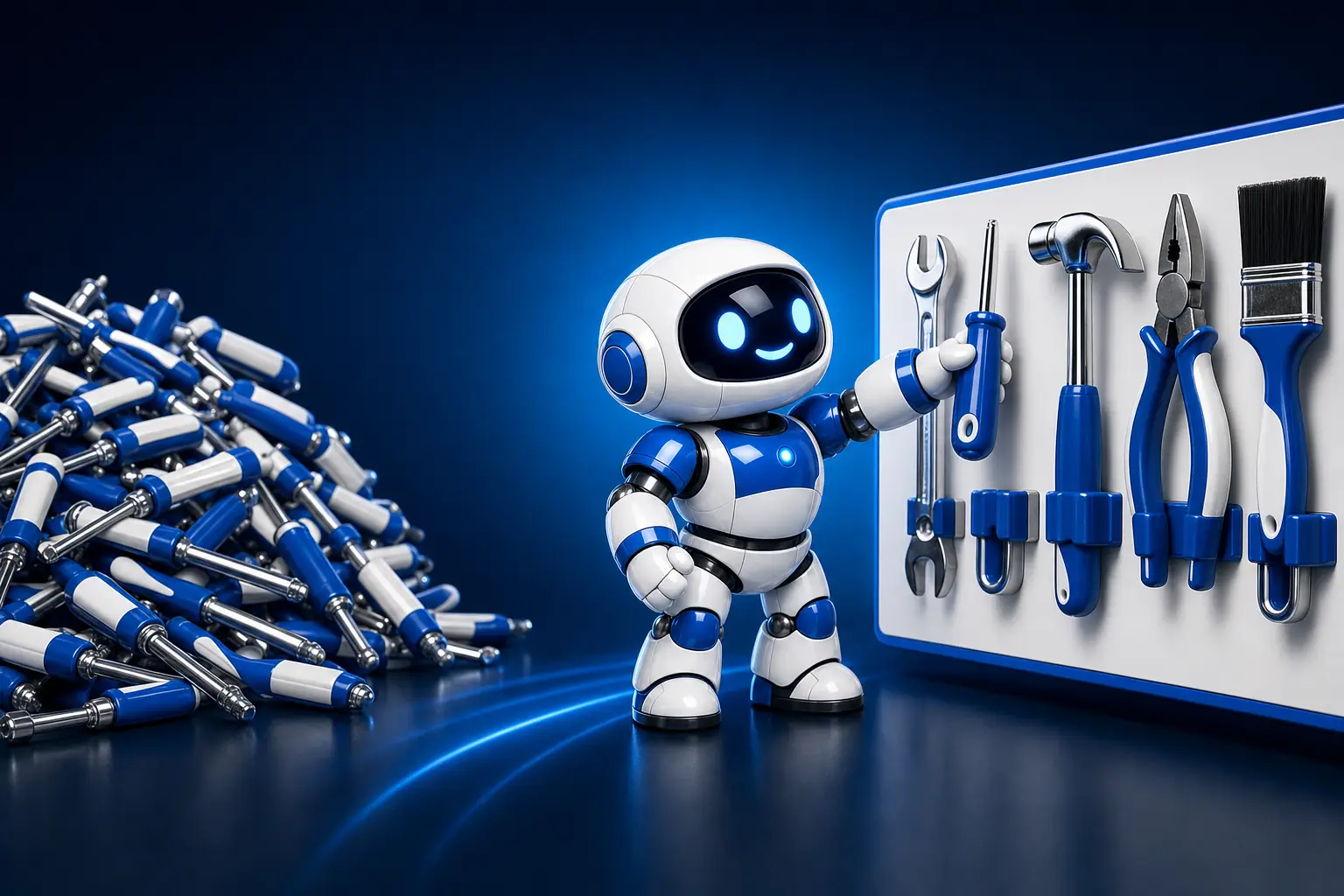 Glossy 3D illustration of Pip, a small white and blue robot, turning away from a heap of dozens of identical anonymous tools to select one clearly distinct tool from a neat rack holding a spanner, screwdriver, hammer, pliers and paintbrush, representing the difference between many interchangeable abilities and a few named ones