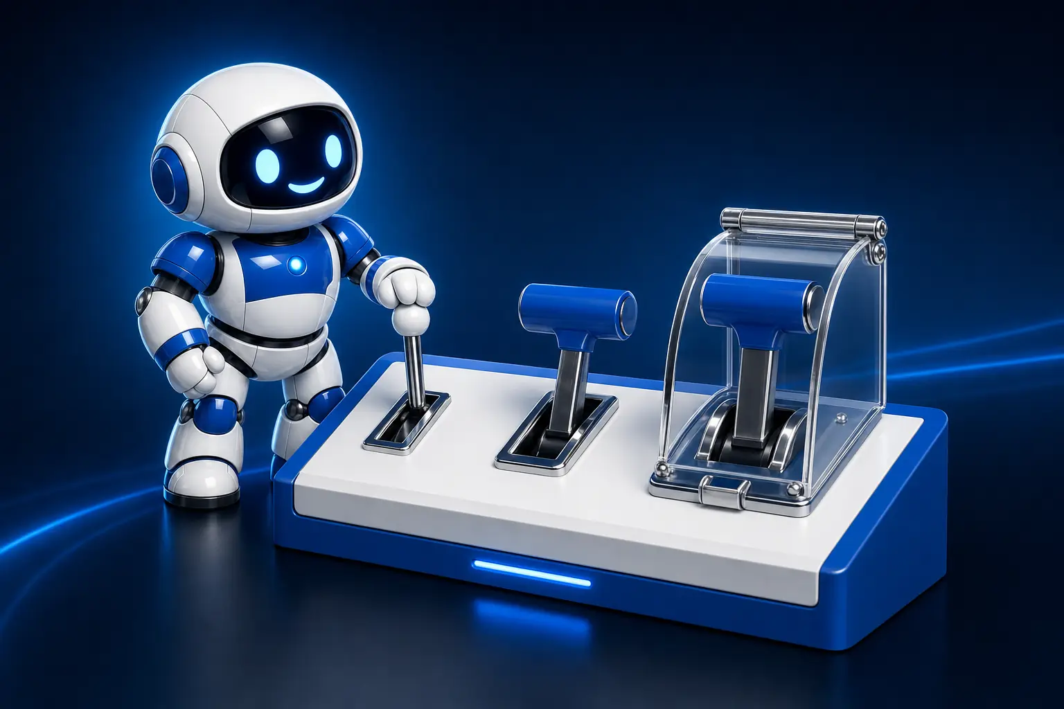 Glossy 3D illustration of Pip, a small white and blue robot, resting one hand on a small open lever on a control console beside a larger lever and a third heavy lever sealed under a hinged transparent safety cover, representing read, reversible and destructive abilities
